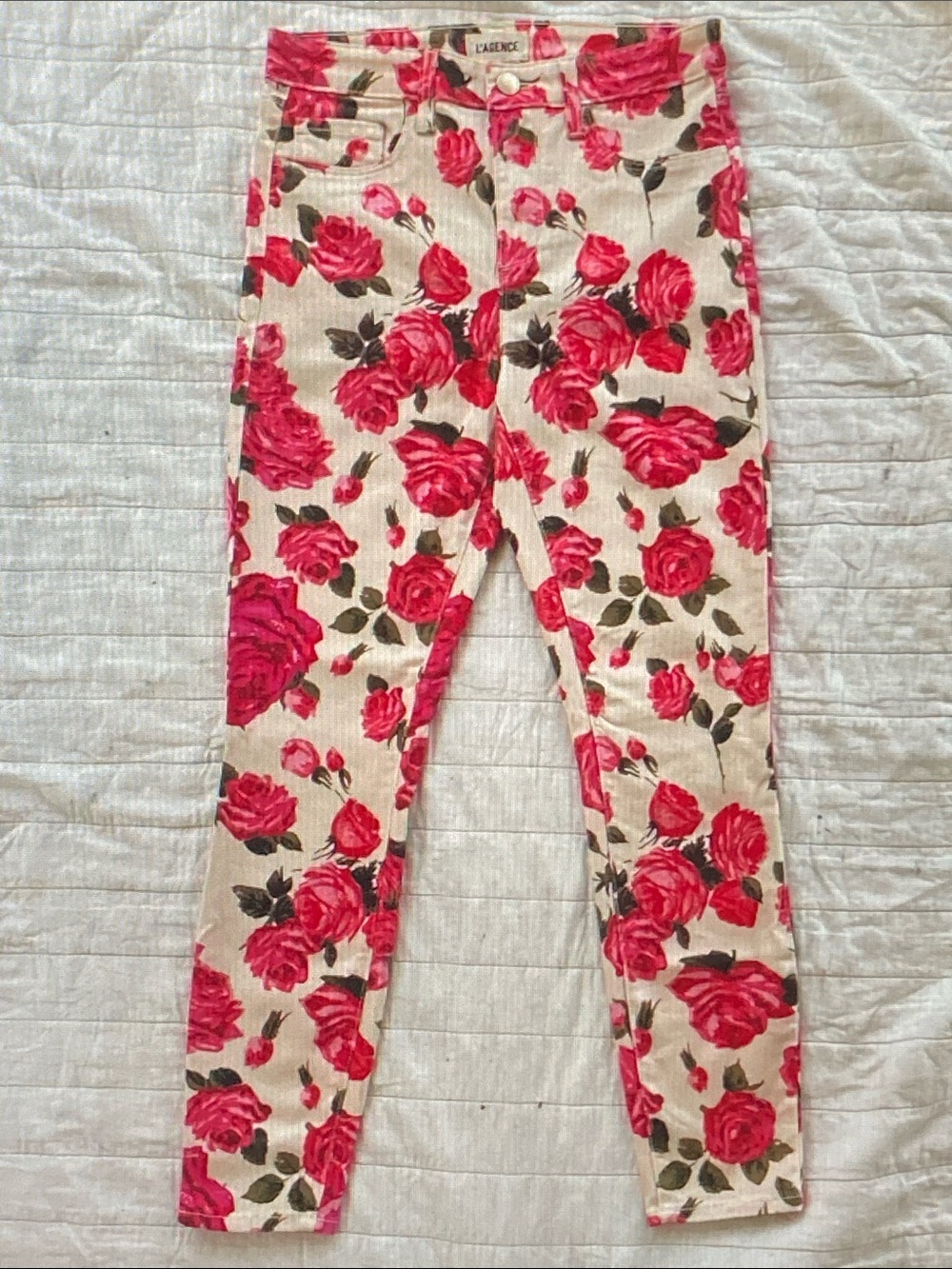 L'AGENCE Cream Corduroy Ankle Jeans with Red Rose Print